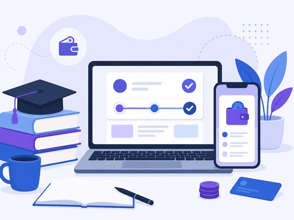 Flat illustration of a laptop, phone status card, student finance symbols, and study materials.